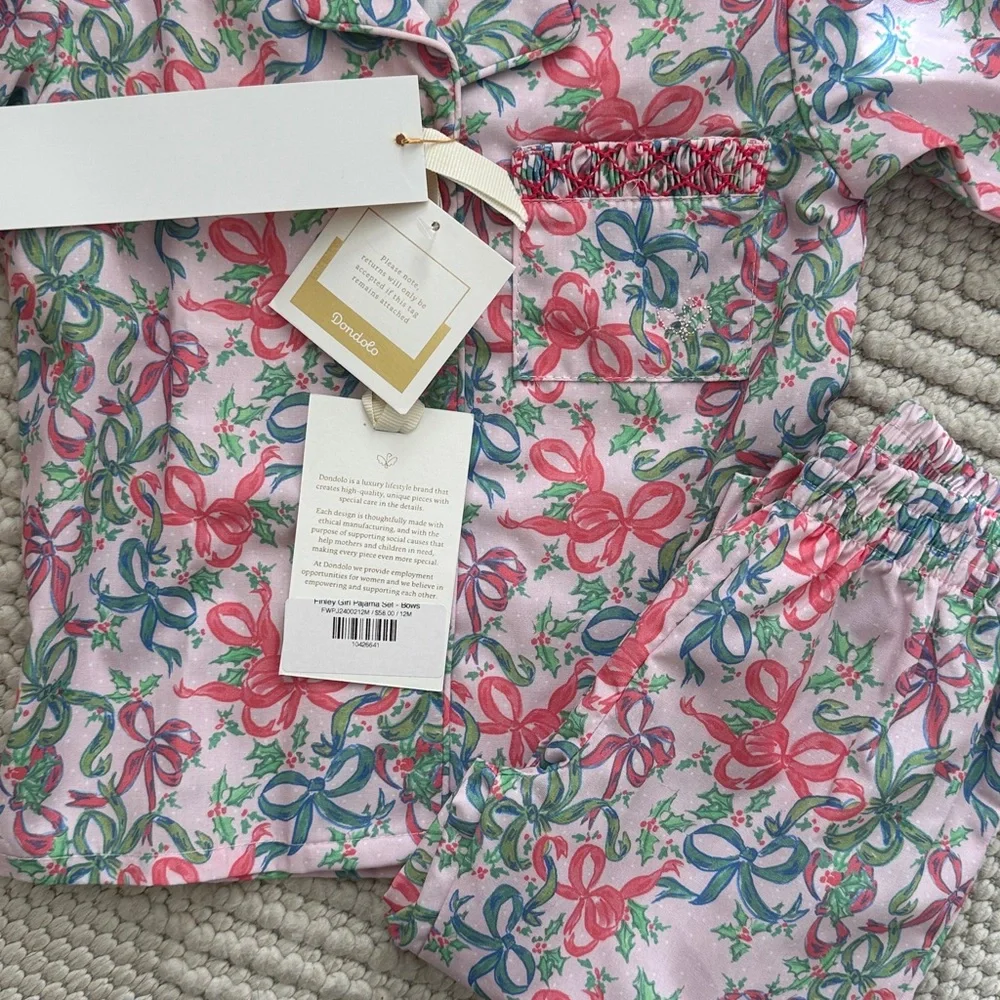 Dondolo Baby Girl Smocked Pajama Set 12M Pink Bow Print NWT Holiday Christmas